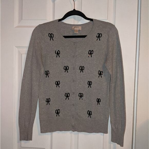 Ann Taylor Loft Gray Button Down Black Sequined Bows Cardigan S - Picture 3 of 12